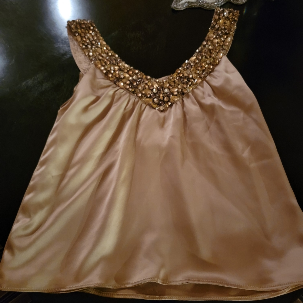 $380 AEVE Beaded Soft Gold V-Neck Dress Top XS 0